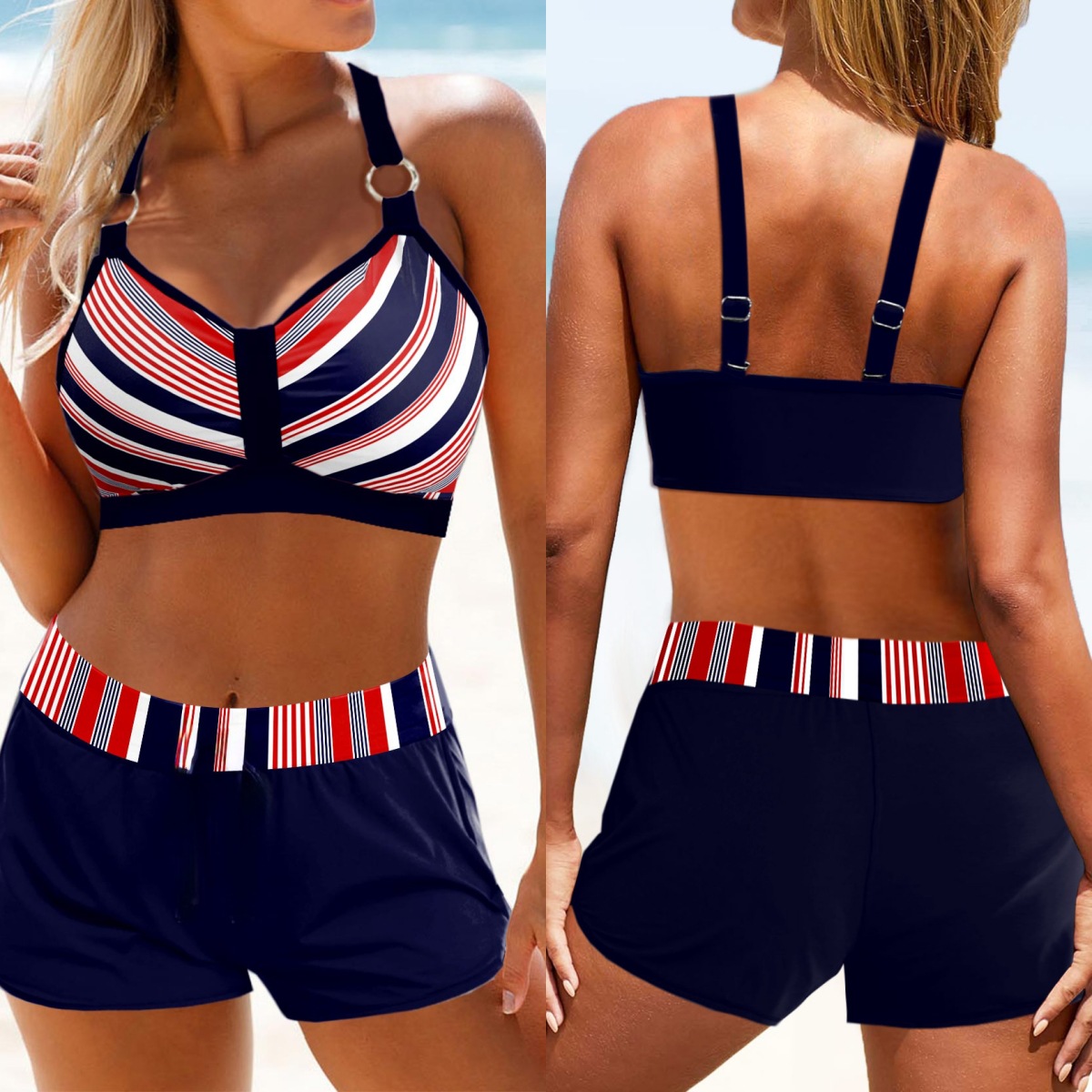 2025 new cross-border European and American plus size women's sexy boxer shorts slim quick-drying split bikini swimsuit wholesale