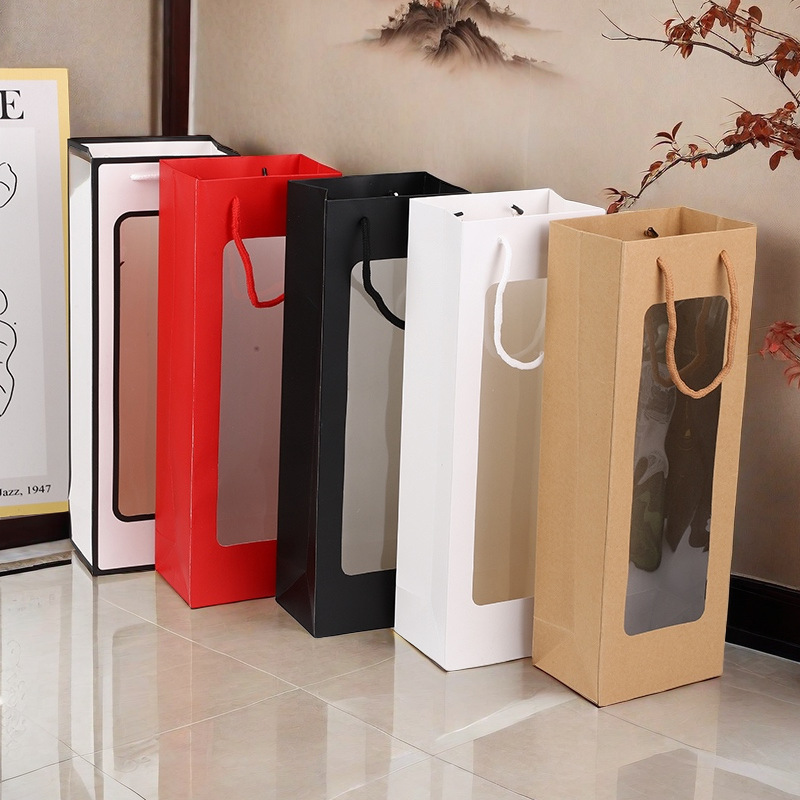 Wine Bag Flower Bag Handbag Transparent Window Gift Bag Companion Gift Bag Pure Color Rectangular Satchel Bouquet Paper Bag