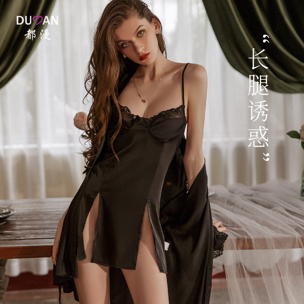 Sexy Nightgown Cross-border European and American Ice Silk Thin Sling Nightgown High-grade Split Lace Perspective Temptation Robe