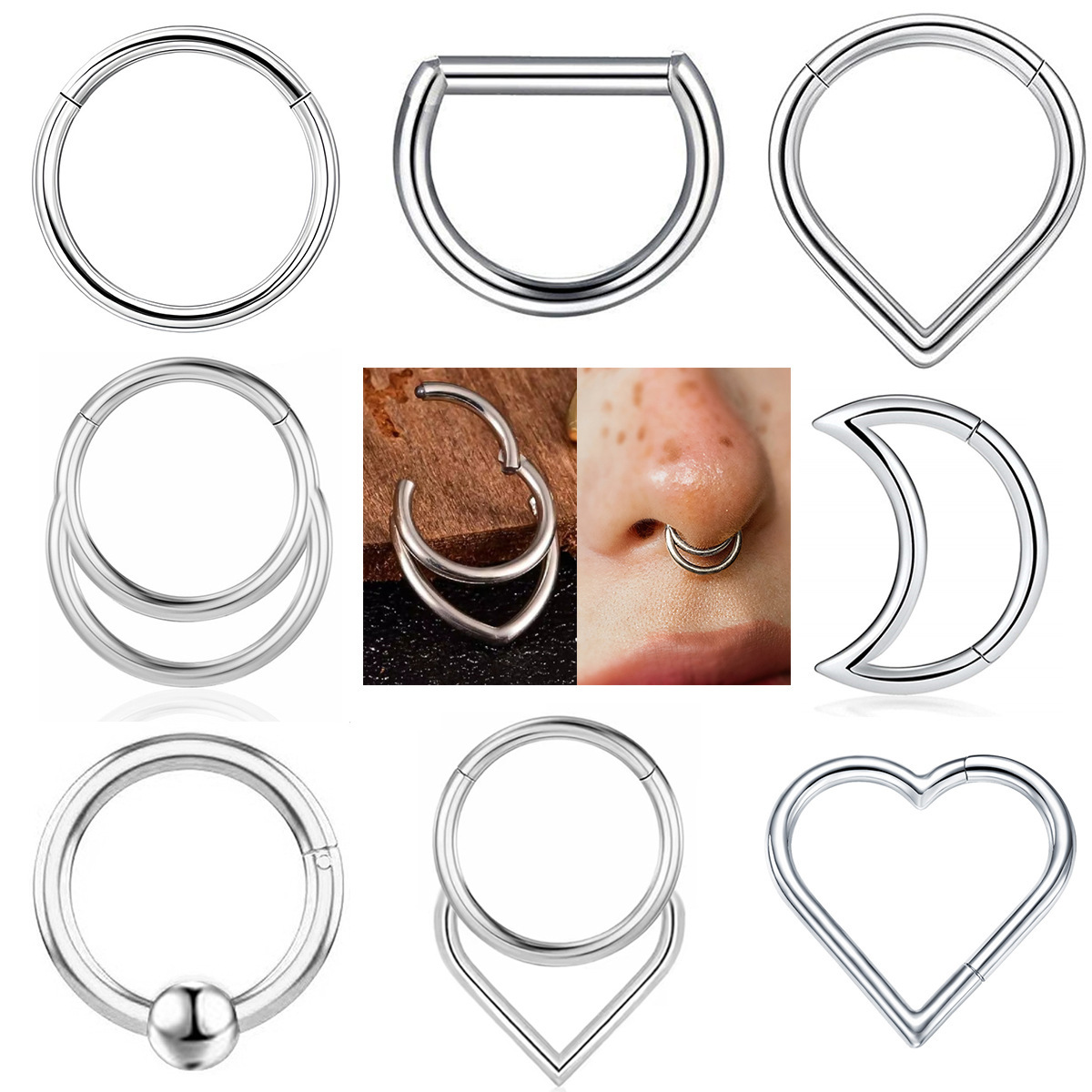 Amazon cross-border e-commerce seamless opening nose ring lip ring earrings simple round moon love card ball nose ring