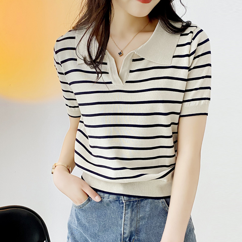Picture of Polo Shirt Summer 2023 New Korean Striped Short-sleeved Knitted Shirt Women's Thin Slimming Polo Collar T-shirt