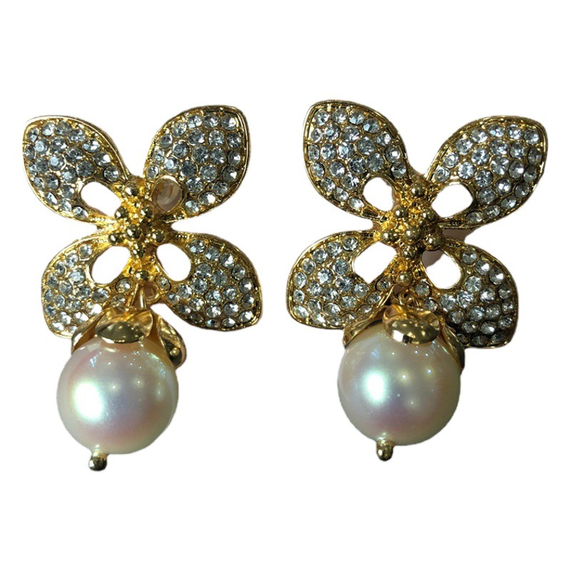 Electroplated real gold retro French love jelly gem vintage Baroque flower diamond silver needle ear studs ear clip