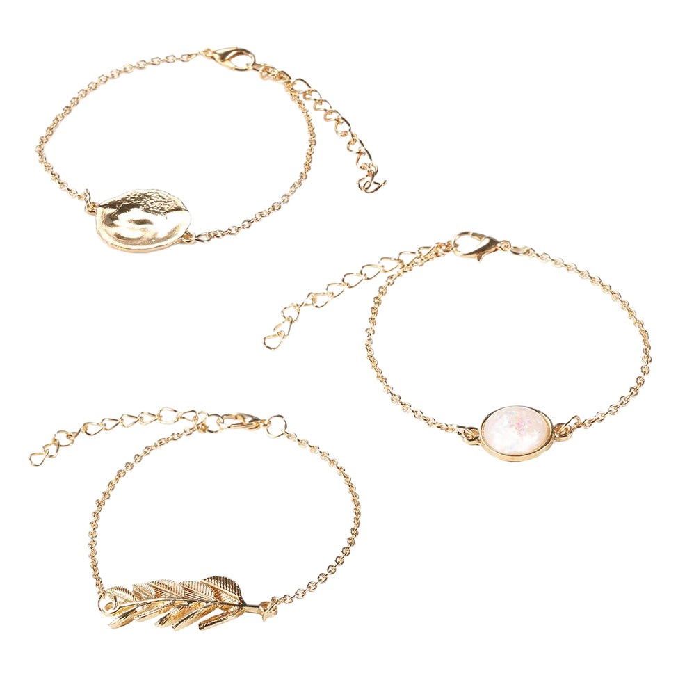 Amazon New Bracelet Set Fashion Elegant Alloy Leaves Imitation Oper Round Gem Bracelet 3-piece Set