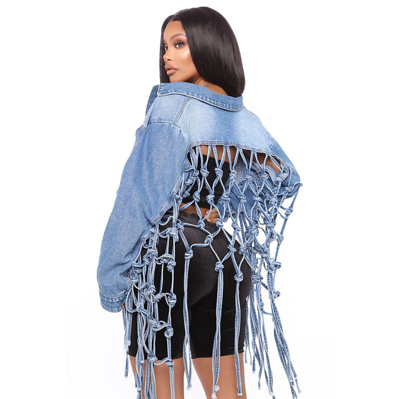 AliExpress Amazon wish independent station new back mesh tassel Denim coat women