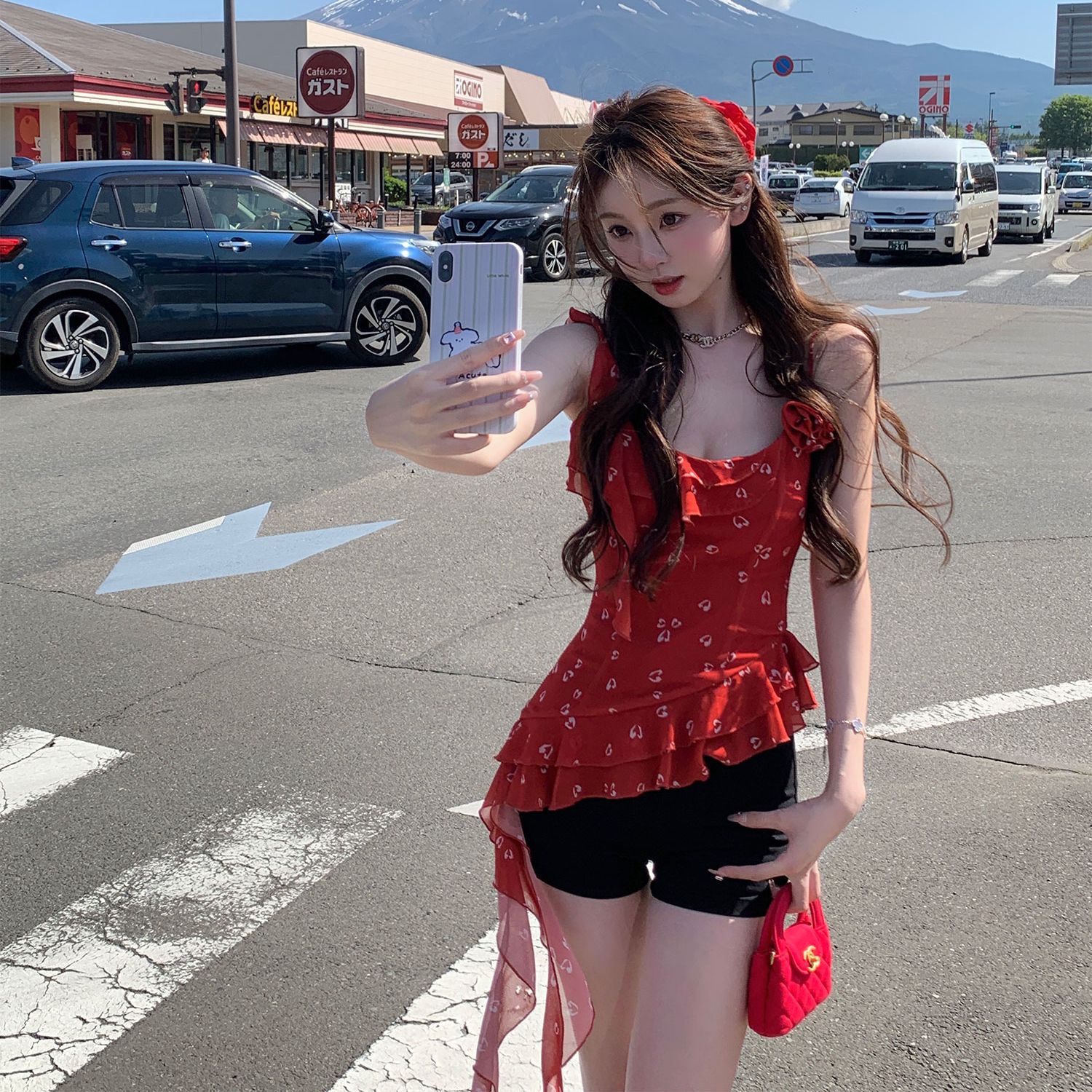 2025 New Summer Style Two-Color Irregular Floral Sexy Ribbon Ruffled Suspender Top