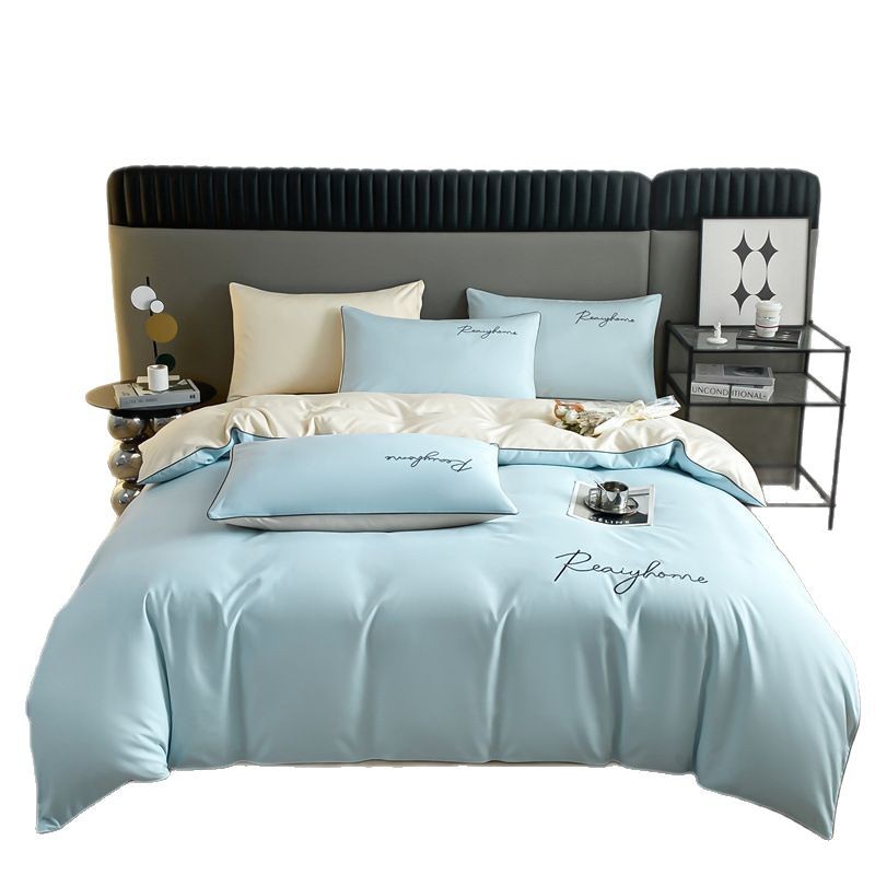 Picture of Solid color double four-piece set of style bed sheets home light luxury quilt cover washed cotton embroidered letter quilt cover three-piece set