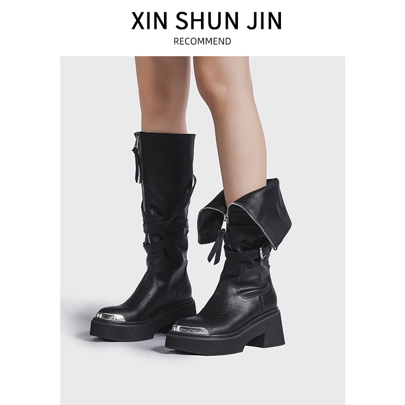 Two-Wear Pointed Metal Head High-rise Fashion Boots Women's Spring New Front Zipper Thick Bottom Increased Rider Boots
