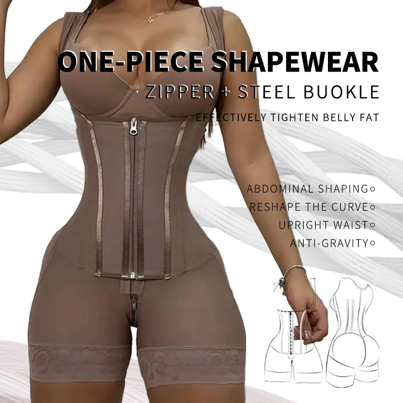 European and American plus size 13 steel bone body shapewear women's thin shoulder strap buckle zipper waist waist and tummy tightening one-piece bodysuit
