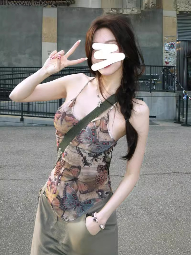 Cross-border foreign trade for a generation of retro butterfly printed I-shaped camisole women's jacket factory outlet