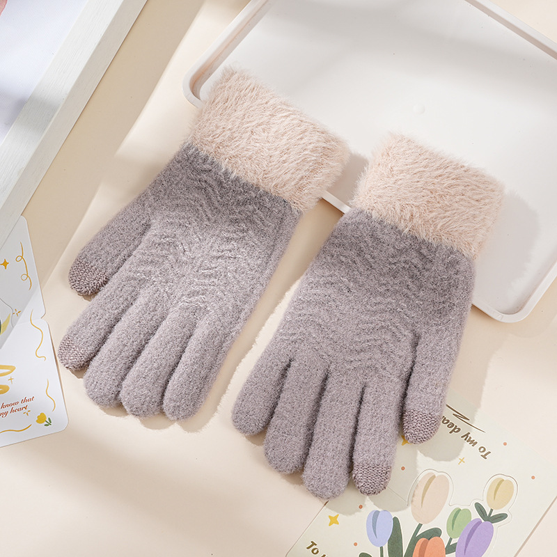 Picture of Gloves women's winter knitted plus velvet padded warm touch screen five-finger wool driving outdoor cold wave riding wholesale