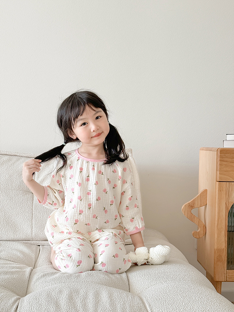 Picture of 2025 Children's Air Conditioning Home Clothes Cartoon Double-Layer Cotton Yarn Pajamas for Boys and Girls Pure Cotton Summer Thin Sleeve suit