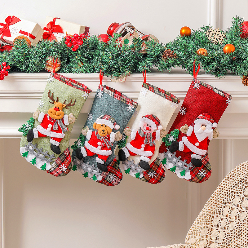Hong Kong Love Cross-border linen Large Christmas Stocking Fence Christmas Gift Bag Christmas Tree Hanging Candy Bag Decorations