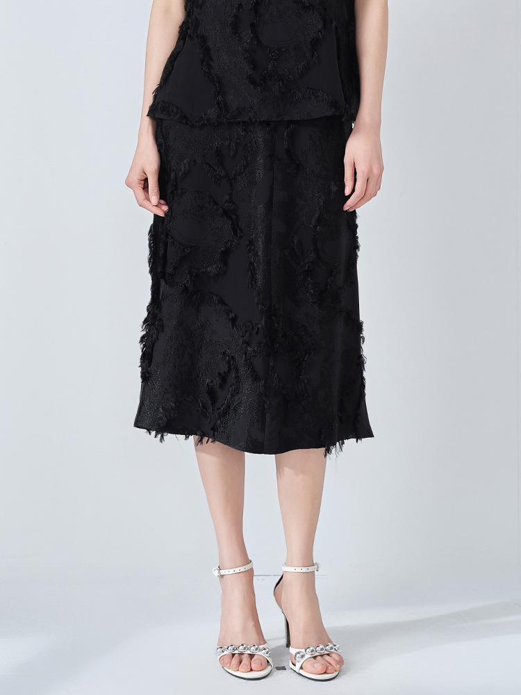 [Sijiqing] Silk Cutout Skirt for Women, High-End, Petite, Elegant, A-Line Wrap Skirt, Mid-Length Skirt