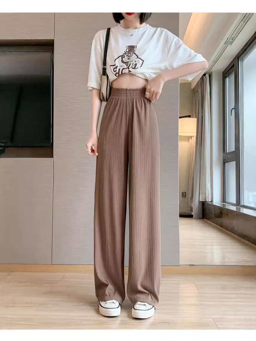 Ice Silk Wide Leg Pants Women's Spring and Autumn Thin Chiffon High Waist Dosing Loose Straight Slimming Casual Pants Summer