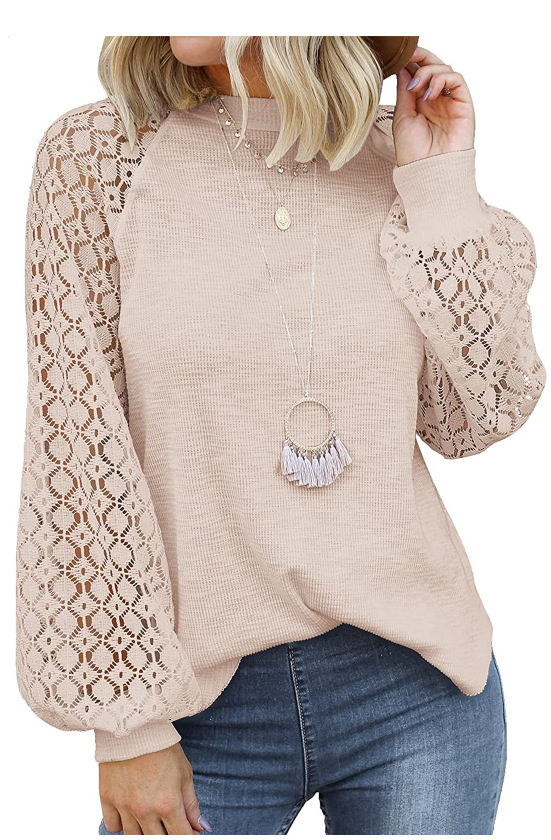 Picture of 2025 New Women's Clothing Amazon Cross-Border Round Neck Long Sleeve Lace Patchwork Loose Top for Women