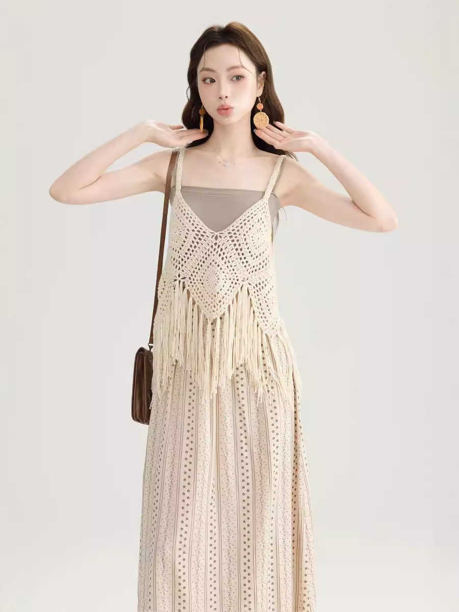 Picture of 2024 Fringed Camisole Women's Summer Thin Hollow Crochet Overwear Sleeveless Top Knitted Blouse