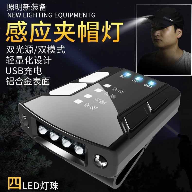 Cross-border new LED strong light gesture induction cap clip lamp USB charging mini multi-use portable outdoor headlamp brim
