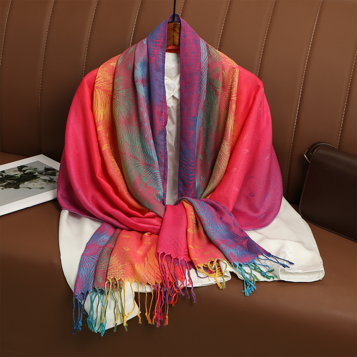 Picture of Amazon Same Style Ethnic Style Color Cashew Embroidered Long Scarf Rainbow Gradient Tassel Scarf Shawl Women's Bag Turban