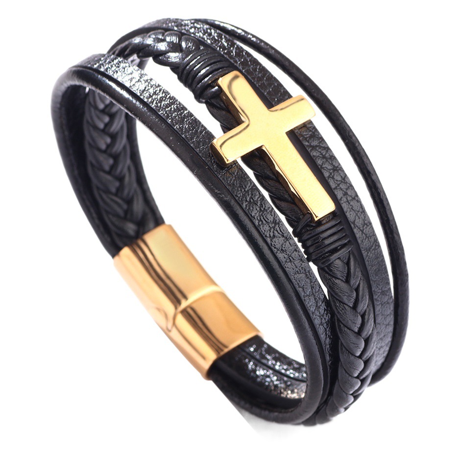 Cross-border Hot-selling Woven Leather Bracelet Handmade Magnetic Buckle Cross Gold Stainless Steel Men's Personalized Titanium Steel Bracelet