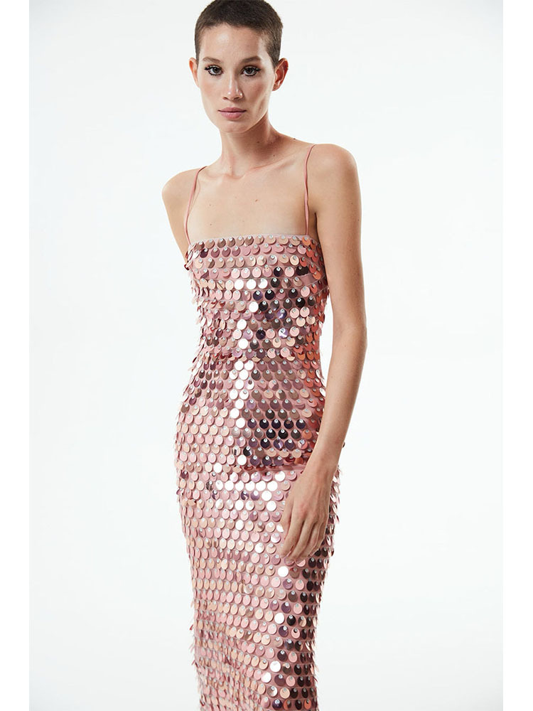 Amazon Cross-border European and American Sexy Waisted Pink Sequin Sling Dress Mid-length Party Night Shop Dress