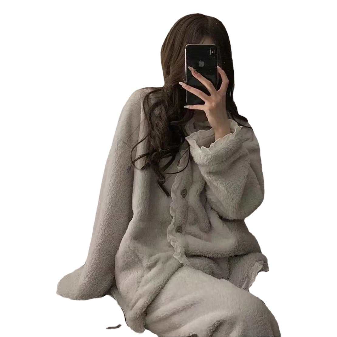 Autumn and Winter Coral Fleece Pajamas Women's Flannel Lace Thickened Fleece-Lined Casual Warm Home Clothes Two-Piece Set