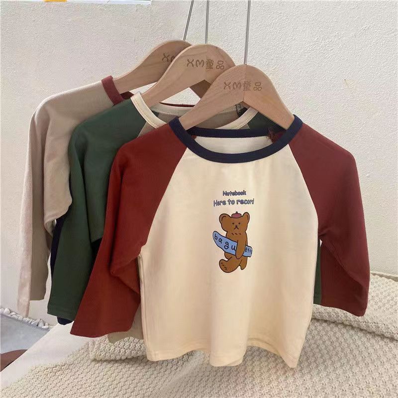 Picture of Pure Cotton Kidsren's Long-Sleeved T-Shirt 2025 Autumn New Boys and Girls Cartoon Contrasting Color Bottoming Shirt Baby Korean Style Cotton Top T-Shirt