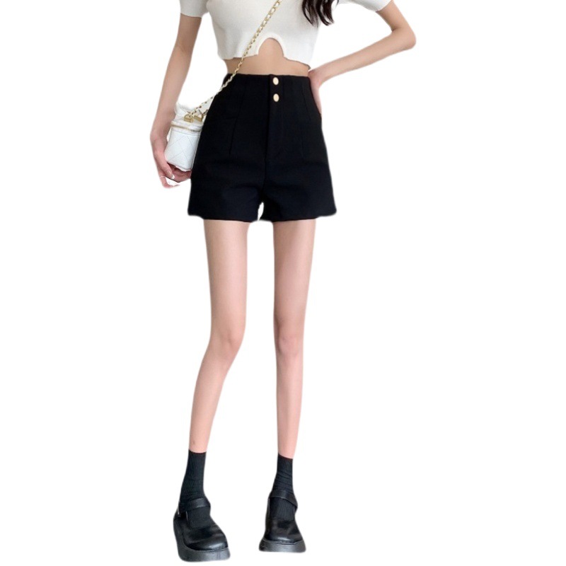 Summer New All-match Casual Pants Slim-fit Slimming A- line Hot Pants plus size chubby girl High Waist Black Wide-leg Shorts for Women
