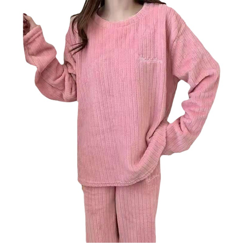 Crescent City Vertical Striped Plus-Size Pajamas Autumn and Winter Thickened Coral Fleece Warm Set Women's Casual Loungewear Korean Style