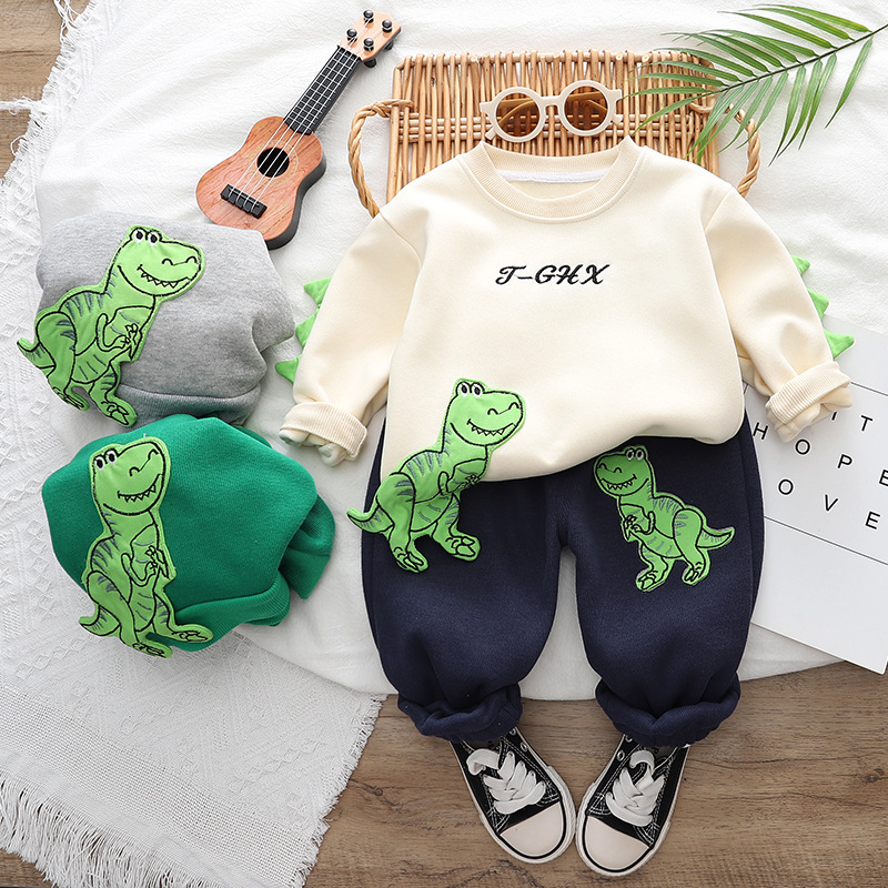 Children's sweater 2023 winter new boys western style fleece-lined sweater sweater pants two-piece baby casual pants suit