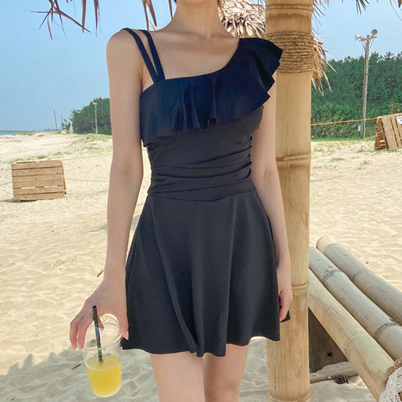 Fashion Solid Color Swimsuit Women's Body Skirt Style Conservative Korean Style Swimsuit Women's Ruffled Conservative Hot Spring Swimsuit