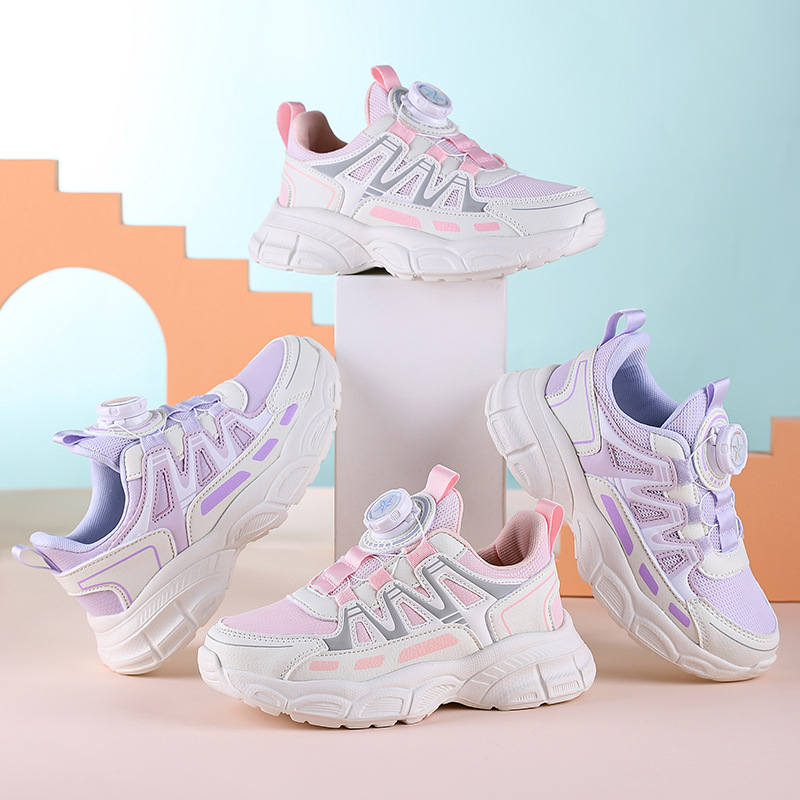 2025 Autumn New Mesh Breathable Girls' Shoes, Rotating Button Children's Sports Shoes, Soft Sole Non-slip Casual Shoes
