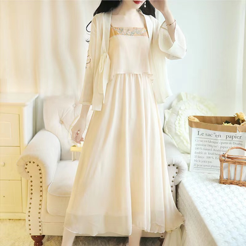 New Chinese Style Antique Embroidered dress 2024 Summer New Chiffon Cardigan Shawl Super Fairy Slip Skirt Two-piece Set