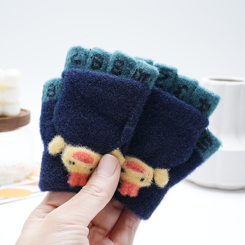 Picture of Children's flip gloves autumn and winter boys half finger warm cute Primary School students writing knitted dual-purpose gloves wholesale