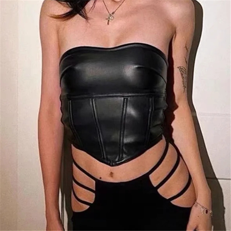wish European and American ebay leather strap slim-fit tube top street sexy off-the-shoulder short vest