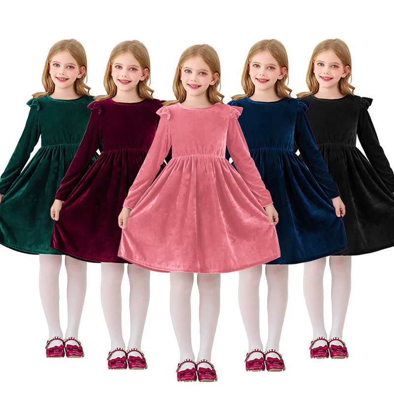 Girls Velvet dress Ruffled Long Sleeve Casual Spring and Autumn dress Princess Christmas Party Children's Winter Clothing