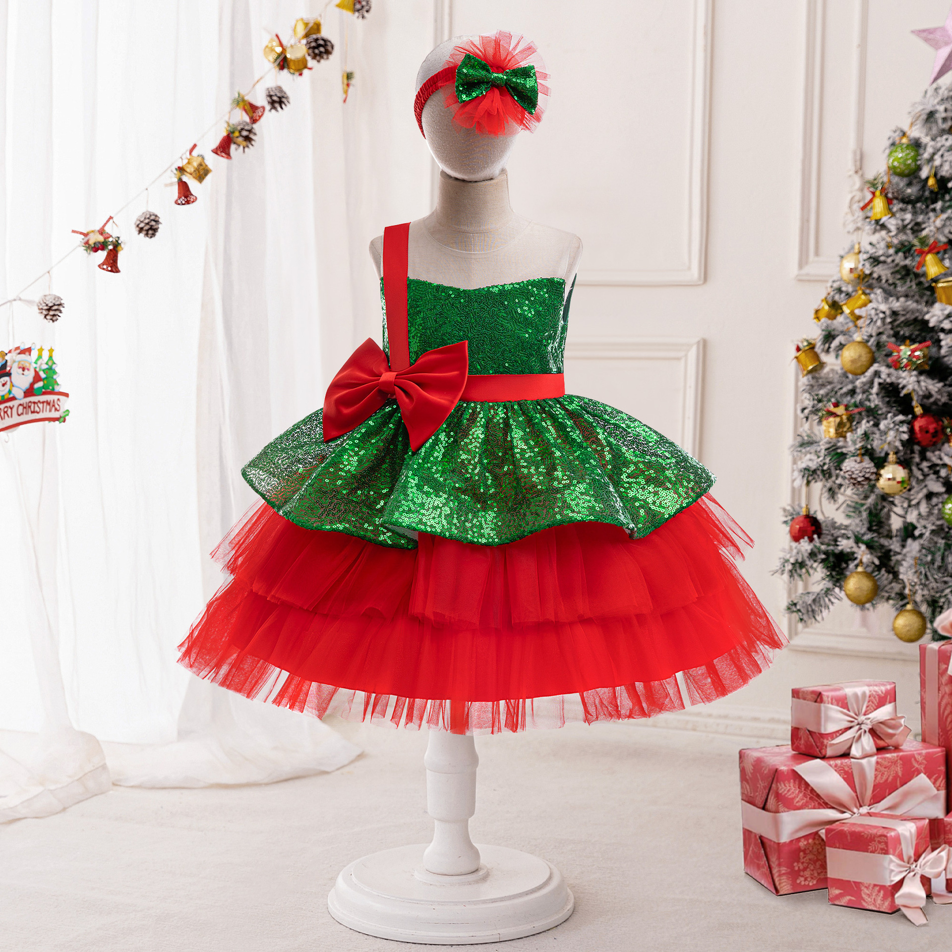 Cross-Border New Christmas Dress Sequined Mesh Princess Dress Girls Bow Dress Party Performance Dress