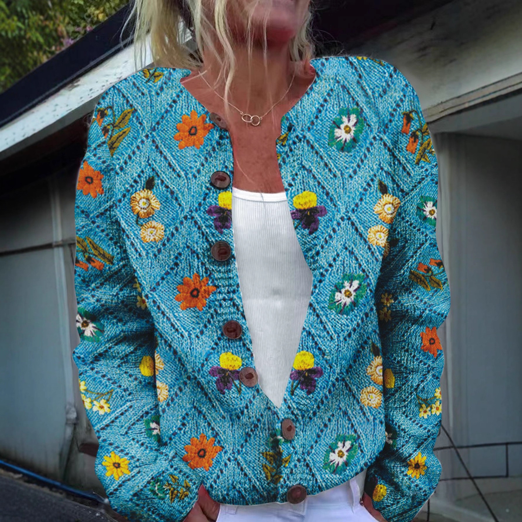Picture of In stock new European and American cross-border Amazon loose cardigan long sleeve crew neck 3D printed sweater women's knitwear