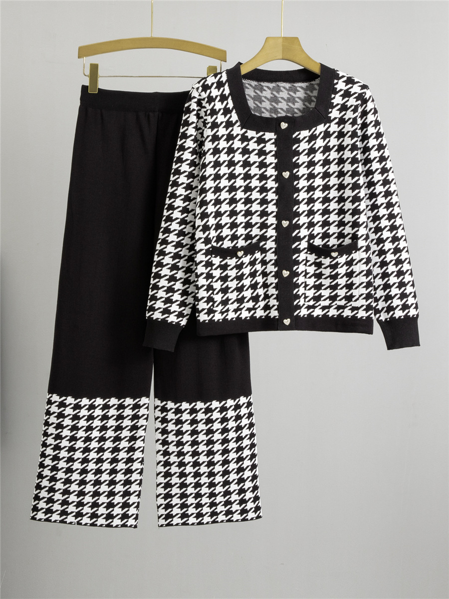 European and American women's clothing Amazon independent station fashion casual suit women's spring long sleeve houndstooth two-piece in stock sale