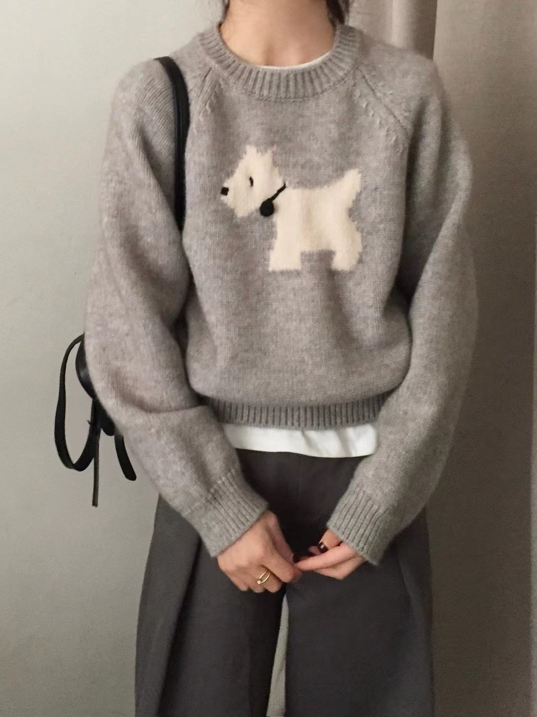Lazy Style Jacquard Pullover Cartoon Puppy Sweater Women's Autumn and Winter South Korea Dongdaemun Loose Sweater Grey Top
