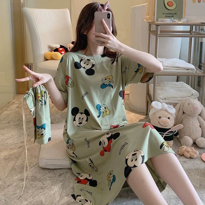 Picture of Internet Celebrity Summer Korean Style Princess Fresh Sweet Loose Nightdress Short Sleeve Plus Size Pajamas Dress with Cloth Bag