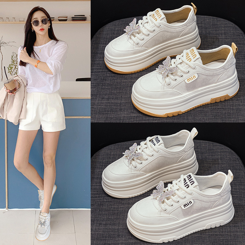 Small Size Women's Shoes 2025 Spring Thick-Soled Women's Shoes Butterfly Rhinestone Versatile Platform Shoes Casual Sports White Sneakers