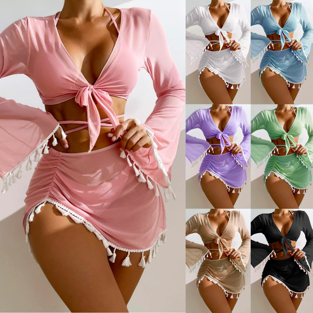 2025 new European and American conservative four-piece solid color tassel blouse mesh short skirt bikini wholesale swimsuit women