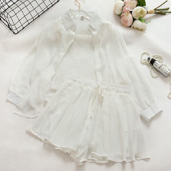 Picture of 2025 French Sun Protection Jacket Shorts Chiffon Clothes Elegant Suspender Top Suit Women's Spring and Summer Three-Piece Set