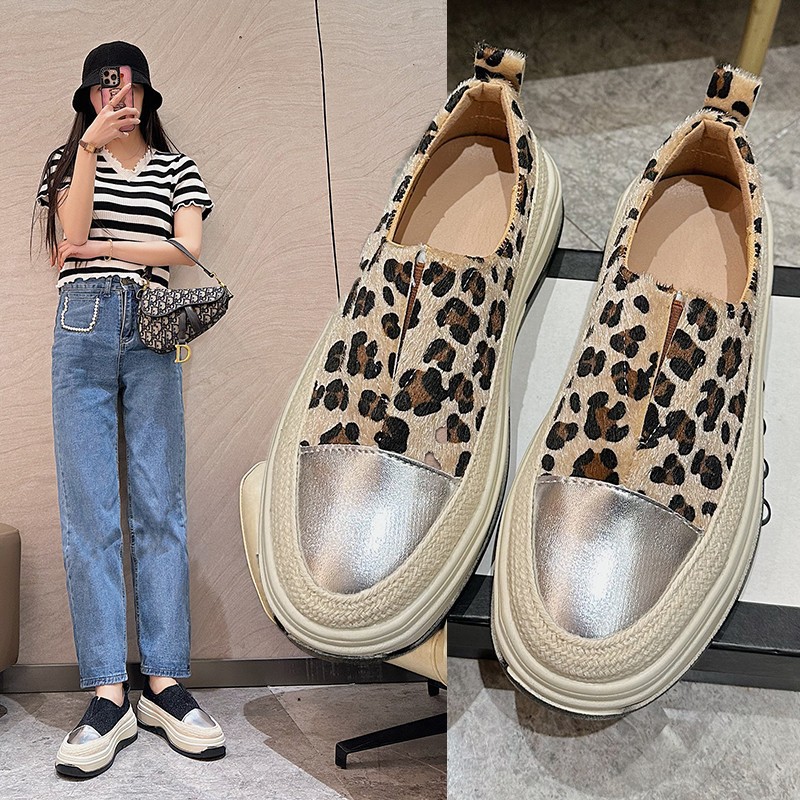 Leopard Print Color-Blocked Flats for Women 2025 Spring New Horse Hair Thick-Soled Slip-On Dad Casual Sports Platform Shoes