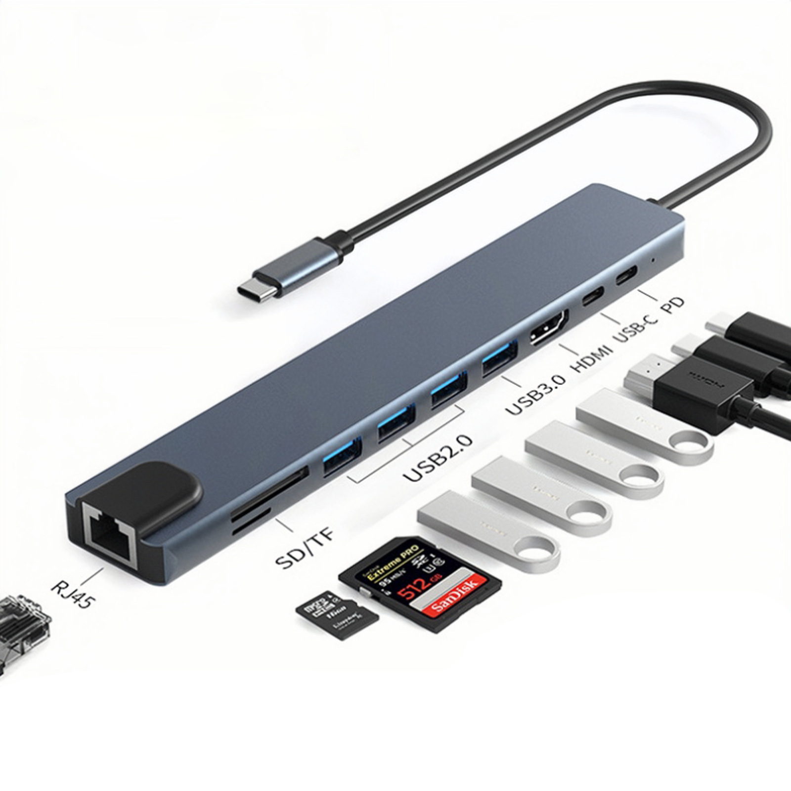 Picture of Typec to HDMI Expansion Dock Computer Switch Game Console Usbc to 100m Network Port Eight-In-One Docking Station