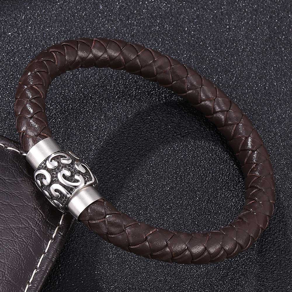 Aliexpress Hot-Selling Men's Single-Loop Braided Leather Bracelet with Stainless Steel Magnetic Clasp, Vintage Totem Bracelet, Trendy Men's Jewelry