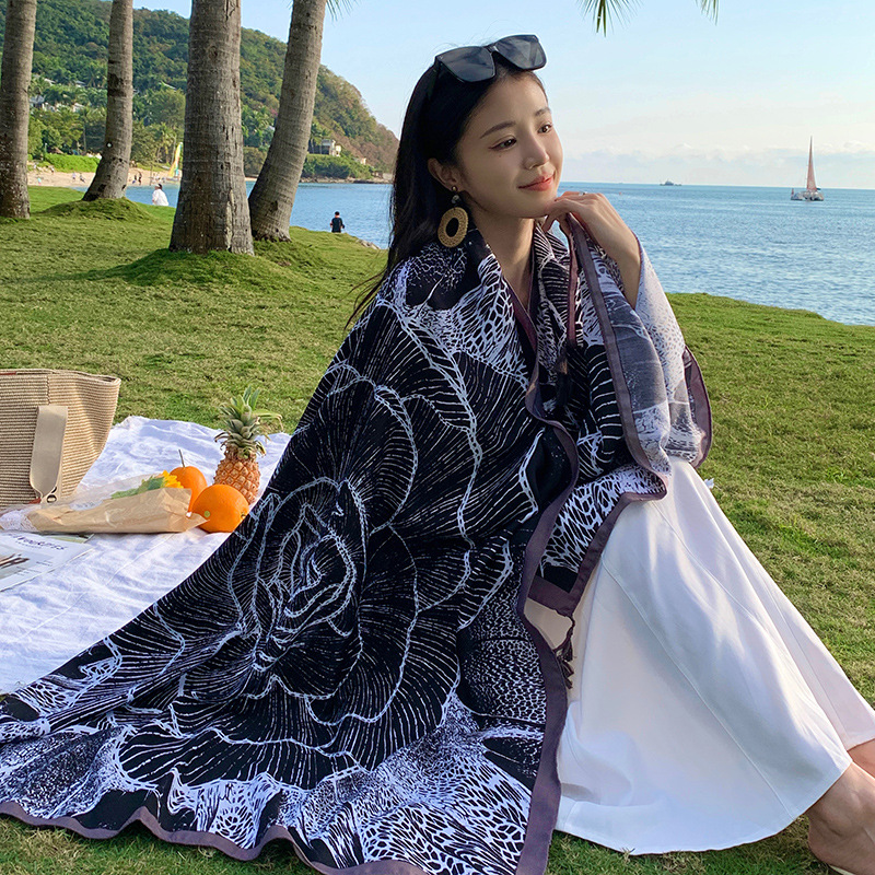 Picture of New black big flower fashion travel photo big shawl summer holiday sunscreen beach towel outside silk scarf