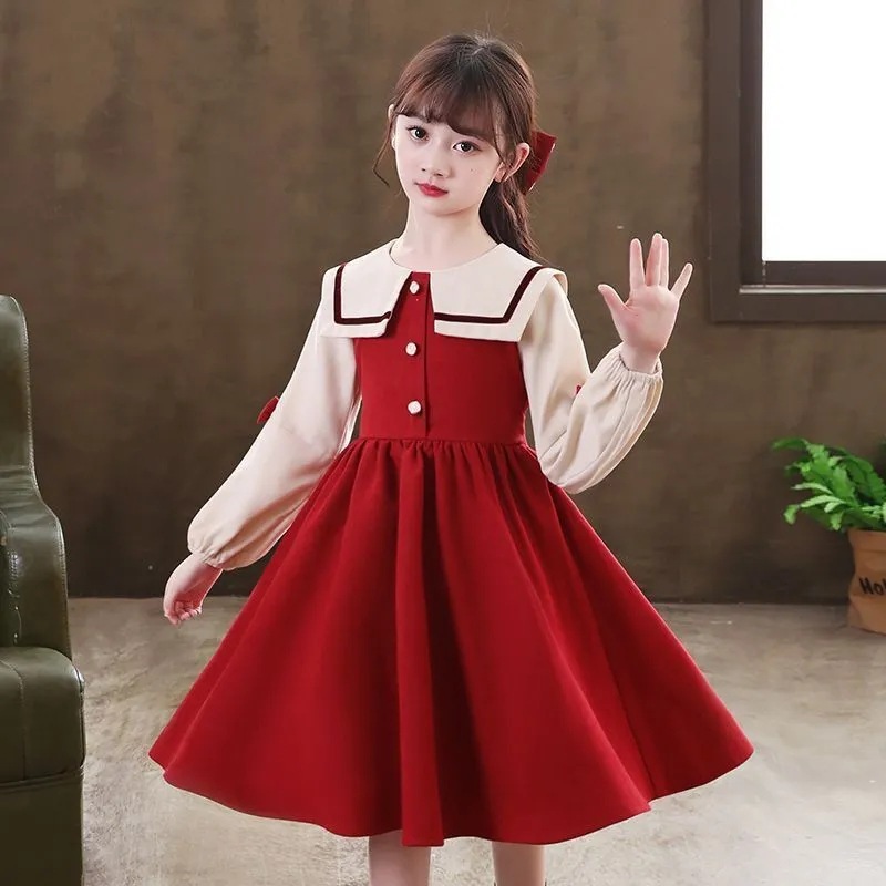 Girls' college dress temperament 14 girls 15 junior high school students 16 girls spring and autumn children's clothing Western style red skirt