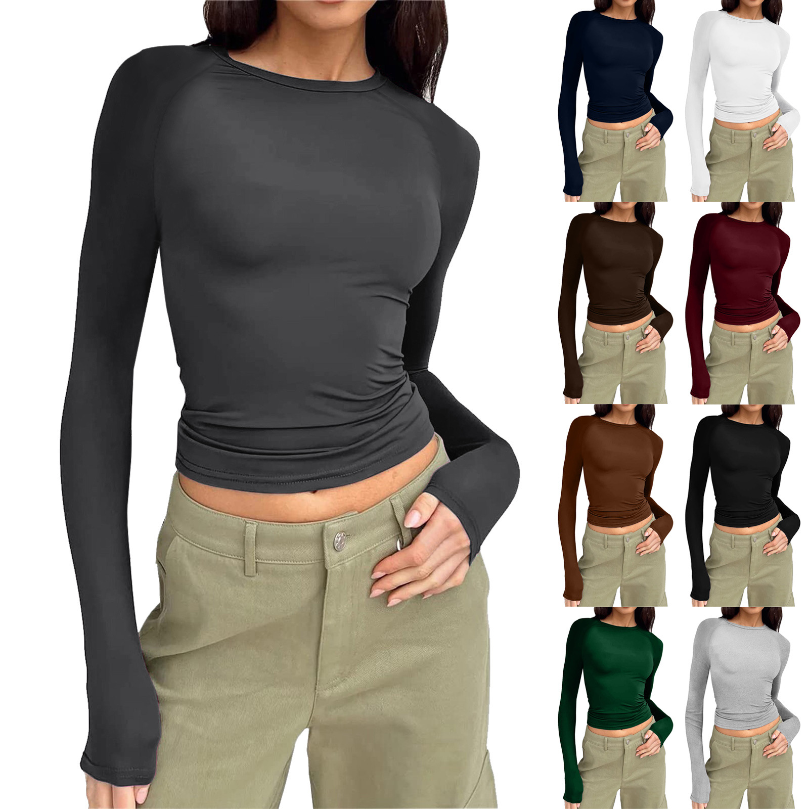 European and American Women's Casual and Comfortable Round Neck Raglan Long-Sleeved T-Shirt Spring & Fall Pure Color Tight Pullover Bottoming Shirt Top