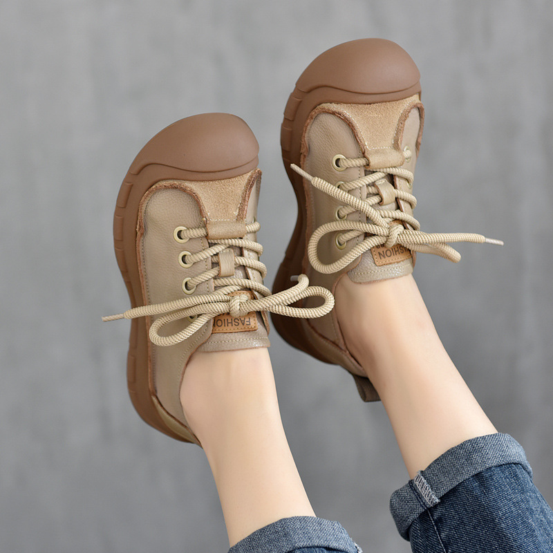 First-Layer Cowhide Toe-Toe Lace-Up Flats for Women, Retro Deep-Mouth Shoes, Genuine Leather Women's Shoes with Soft Soles